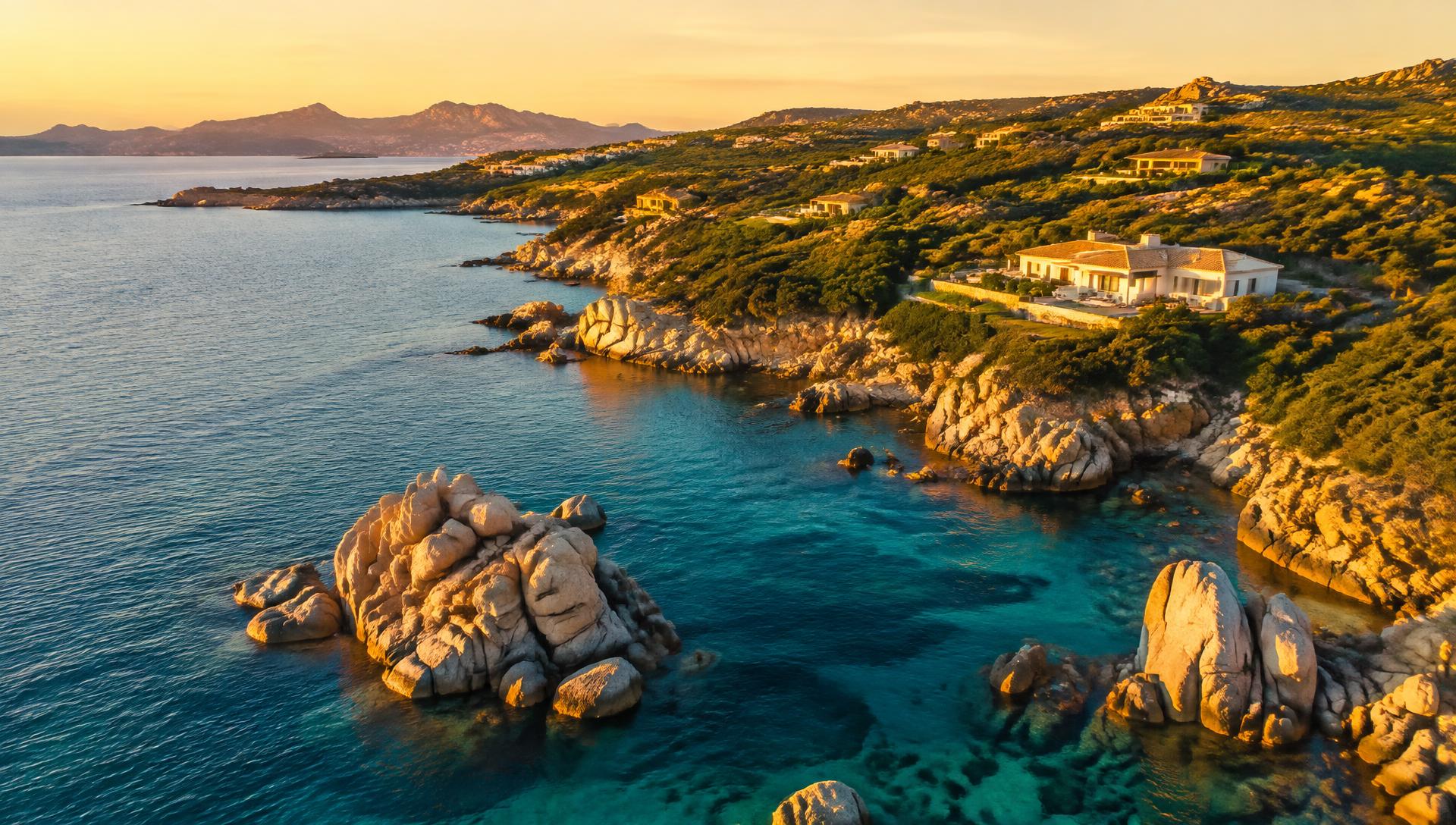 La costa di granito della Gallura al tramonto, con ville affacciate sul mare turchese